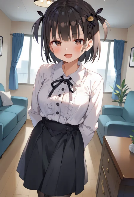 score_9, score_8_up, score_7_up BREAK
source_anime, rating_safe, gaoustyle, living room, indoors, standing, looking at viewer, arms behind back, blush, seductive smile, open mouth, :d, half-closed eyes, solo, 1girl, black hair, short hair, bangs, two side up, hair ornament, brown eyes, collared shirt, lace trim, frills, long sleeves, white shirt, button gap, ribbon, skirt, black skirt, black pantyhose <lora:gaou_style_pxl_v3:0.8>