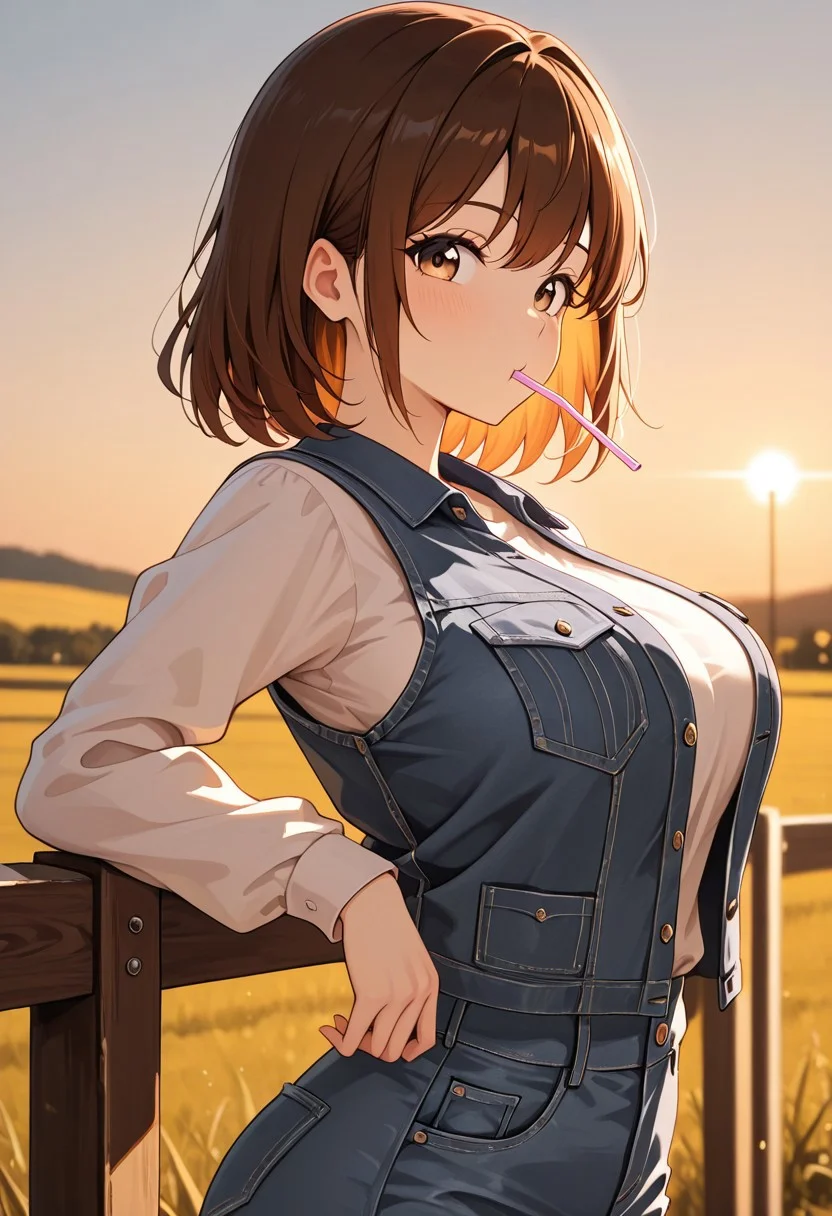 masterpiece, best quality, good quality, very aesthetic, absurdres, newest, 8K, depth of field, in the style of cknc, artist:moriimee, in the style of cksc,
1girl, long brown hair, braided, hazel eyes, large breasts, bouncy, denim vest, unbuttoned, glossy skin, leaning on fence, chewing straw, looking at viewer, from side
BREAK
rustic ranch, wooden fence, horses grazing
BREAK
dynamic light, warm colors, high contrast, golden hour lighting, rich details, western vibe