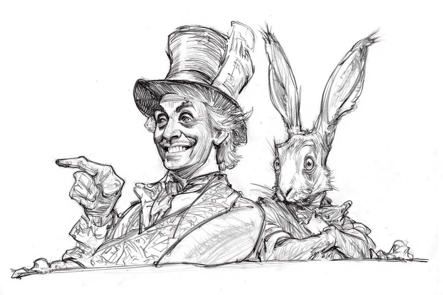 pencil sketch.
Closeup of the Mad Hatter and the White Rabbit from Alice in Wonderland. On the left is the Mad Hatter, wearing a tall top hat and gesturing with his finger. On the right is the White Rabbit, an anthropomorphic rabbit, with his arms crossed. <lora:iainmccaig1_cap_d8a4e12:1.0><lora:864351924017712372:0>