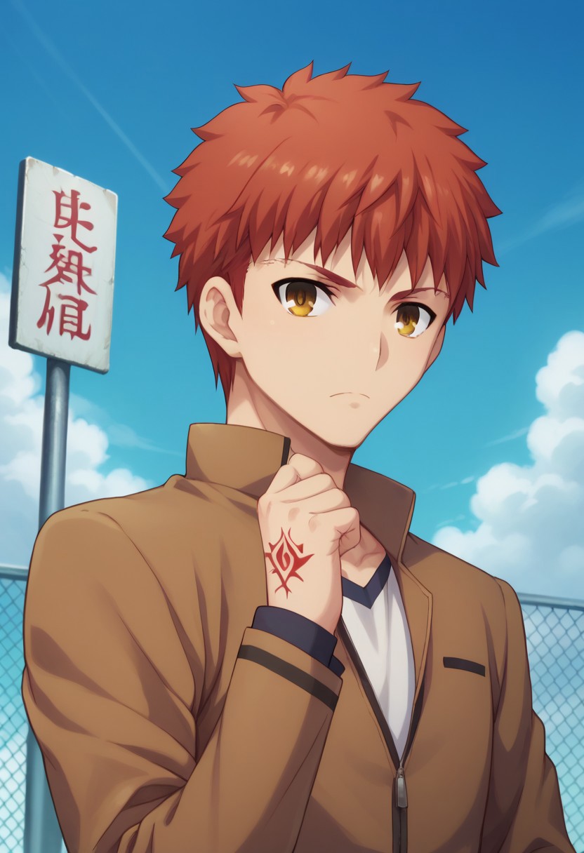score_9, score_8_up, score_7_up, source_anime, highly detailed, 
shirouemiya, 1boy, male focus, homurahara academy school uniform, solo, school uniform, command spell on hand, yellow eyes, upper body, red hair, jacket, long sleeves,
brown jacket, looking at viewer, orange hair, shirt, closed mouth, raised hand, sign on hand,
short hair, serious, closed fist
outdoor, sky,