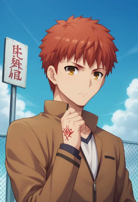 score_9, score_8_up, score_7_up, source_anime, highly detailed,
shirouemiya, 1boy, male focus, homurahara academy school uniform, solo, school uniform, command spell on hand, yellow eyes, upper body, red hair, jacket, long sleeves,
brown jacket, looking at viewer, orange hair, shirt, closed mouth, raised hand, sign on hand,
short hair, serious, closed fist
outdoor, sky,