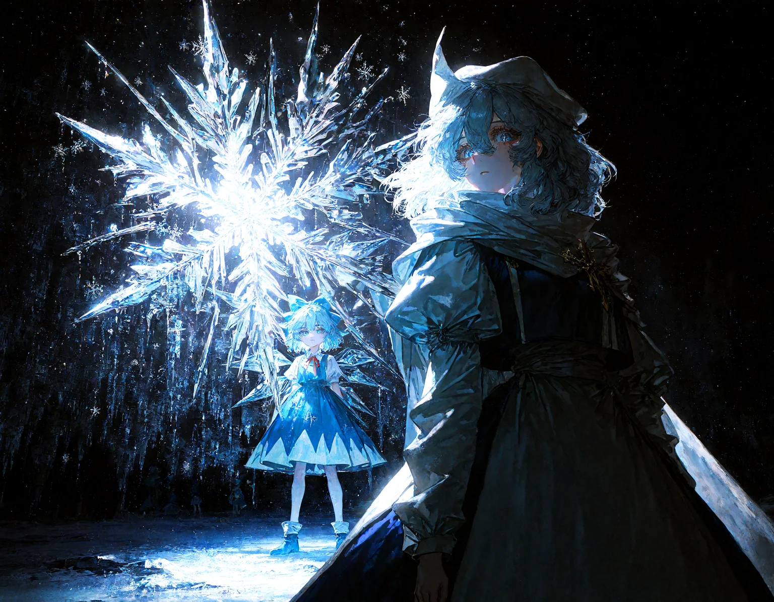 2girls, letty_whiterock, snowflakes, cirno, looking at viewer,
rella, rolua, negative space, cinematic shot, very awa,quasarcake, retro_artstyle, retro,
masterpiece, best quality, amazing quality, very aesthetic, absurdres, newest, (volumetric lighting), <lora:Snowflake:0.7>,<lora:ponyv5_noobE11_1_adamW:0.6>, <lora:add-detail-xl:0.5>, <lora:cfg_scale_boost:0.5>, <lora:retro_scifi_artstyle:0.6>, <lora:USNR STYLE_XL_loha:0.6>