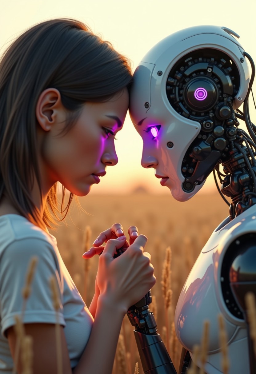 A female human and a humanoid robot, both with their foreheads touching, are in a field of dry grass. The human is looking down with a sad expression, and the robot's eyes are glowing with a purple light. The scene is melancholic and evocative of a deep connection between the two.
[Digital art, hyperrealistic, cinematic], [Inspired by the work of Beeple], [Focus on the faces and the hands, soft lighting, warm color palette, shallow depth of field]