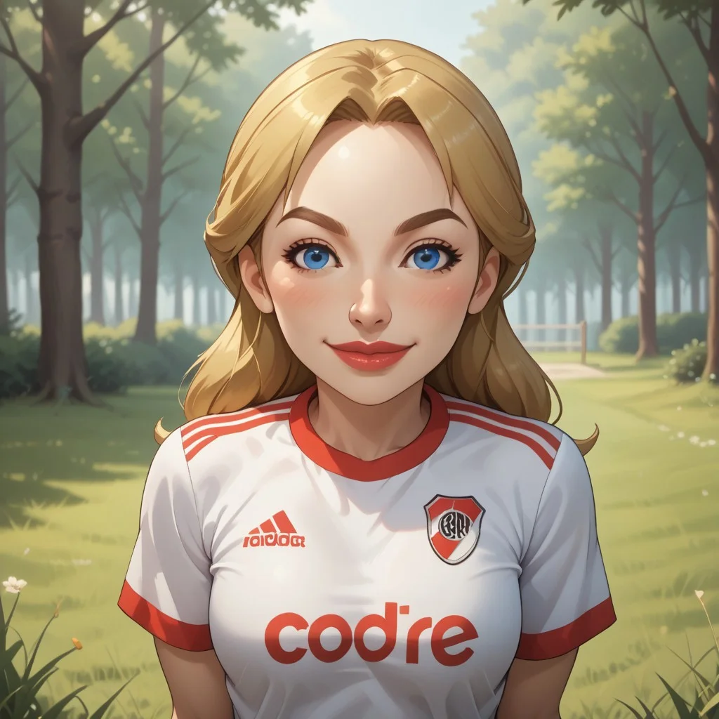 score_9, score_8, BREAK, solo, mii, wii, wii sports, female mii, 1girl, cute, blonde hair, dark blonde eyebrows, white skin, blue eyes, big lips, blush, RiverPlate, striped shirt, striped, shirt, white shirt, short sleeves, clothes writing, sportswear, soccer uniform, Julie_(\Wii_Sports\), Nintendo Mii, modern_mii, classic_mii, breasts, adult female, mature female, sexy pose, self portrait, smile, outdoors, sunlight, shadows, evening lighting, natural lighting, forest, trees, grass, orange sky, sunset