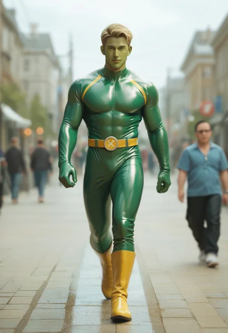 score_9, score_8_up, score_7_up, green face, mature, adult male, colored skin, superhero, latex, short blonde hair male, ((fuchsia bodysuit)), fuchsia superhero, yellow belt, yellow boots, walking, depth of field, 32k UHD resolution, best quality, high quality, full body