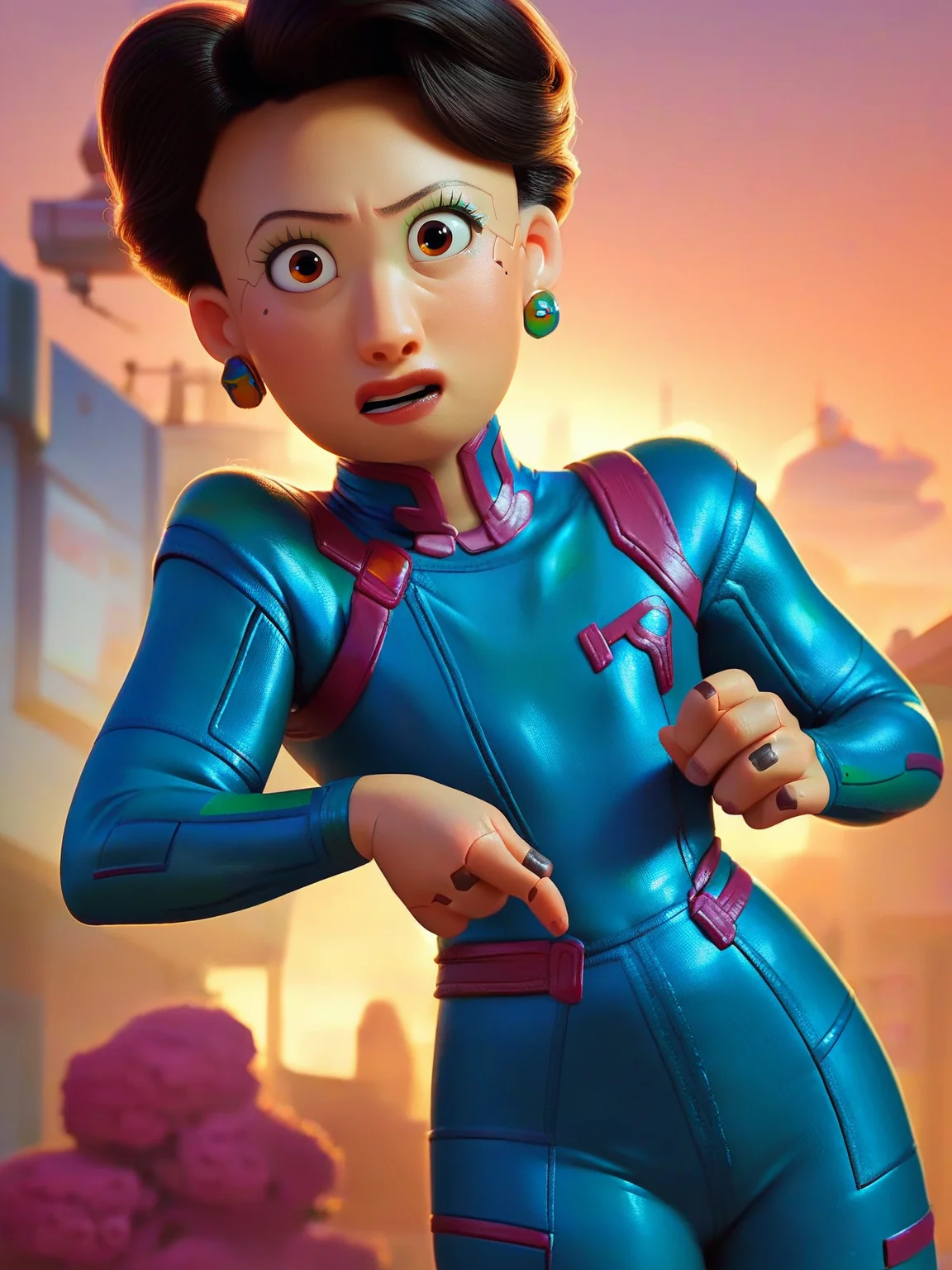 <lora:Ming Lee:0.8> m_l, 1girl, asian, bun black hair, wrinkles, brown eyes, mole under the eye, looking at viewer, ((cyberpunk outfit)), night city background, score_9, score_8_up, score_7_up,