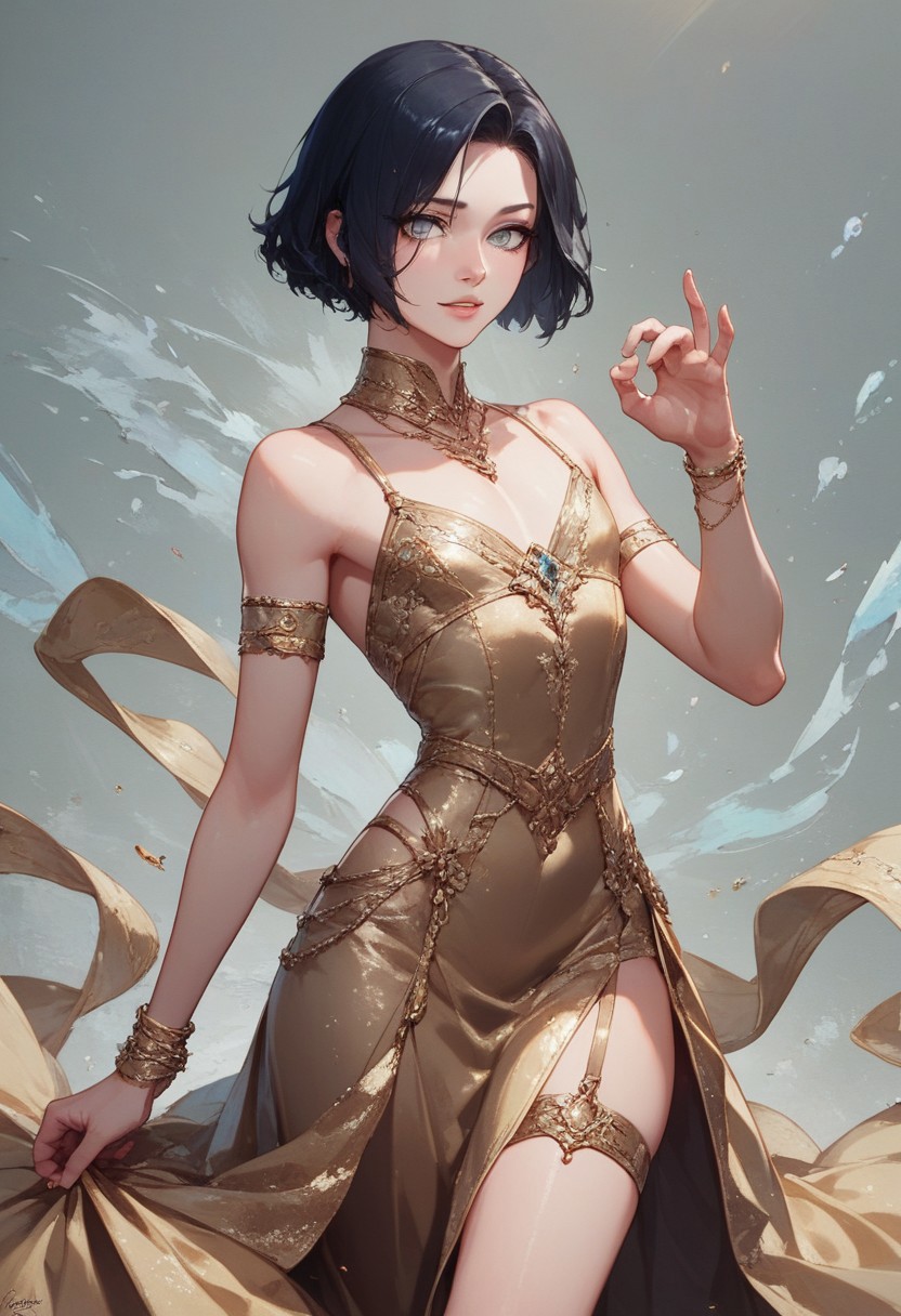 score_9, score_8_up, score_7_up, 1boy, femboy, otoko no ko, short hair, bob cut hair, black hair, grey eyes, gray eyes, feminine face, toned body, Shelly, long silver and gold dress, ball gown, flowing gown, elegant dress, straps, expensive jewelry, highly detailed, intricate, zzCitronCAT, model pose, serene expression, cowboy shot, modelshoot, abstract background, solo