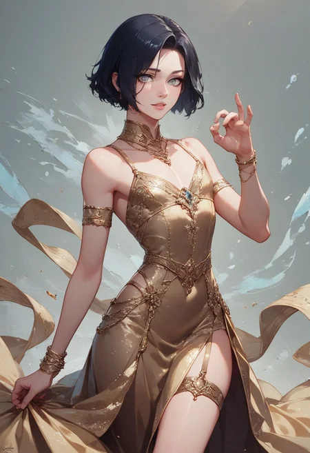 score_9, score_8_up, score_7_up, 1boy, femboy, otoko no ko, short hair, bob cut hair, black hair, grey eyes, gray eyes, feminine face, toned body, Shelly, long silver and gold dress, ball gown, flowing gown, elegant dress, straps, expensive jewelry, highly detailed, intricate, zzCitronCAT, model pose, serene expression, cowboy shot, modelshoot, abstract background, solo