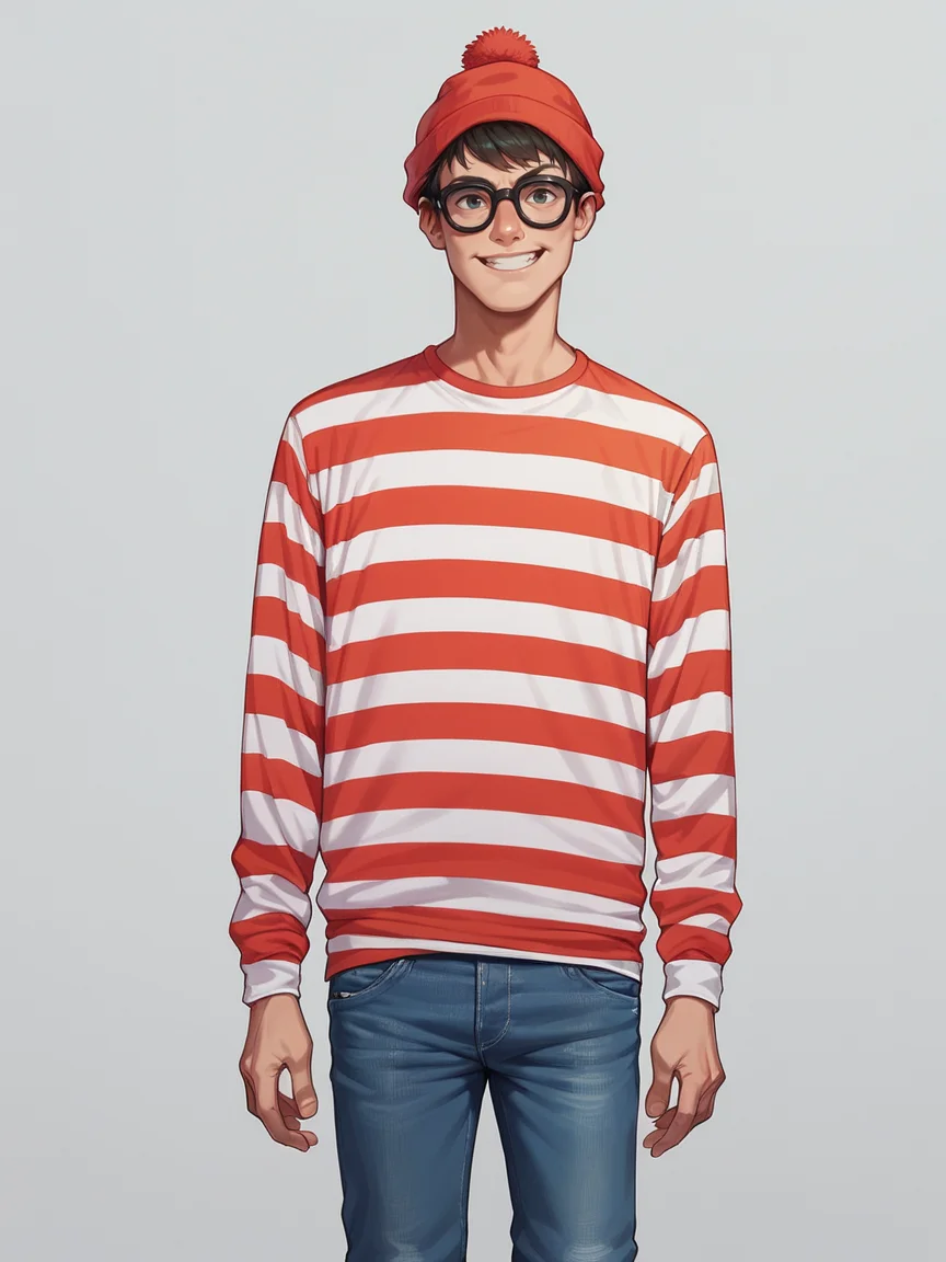 score_9, score_8_up, score_7_up, score_6_up,   <lora:w4ld0:0.6> w4ld0, beanie, striped, glasses, jeans, 1boy, striped shirt, solo