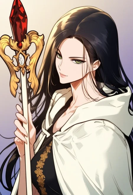 High detail, masterpiece, high detail face, score_9,score_8_up,score_7_up, (manhwa artstyle), Altair, green eyes, black hair, long hair, cloak, battle uniform, cowboy shot, holding staff, altair staff, looking at viewer