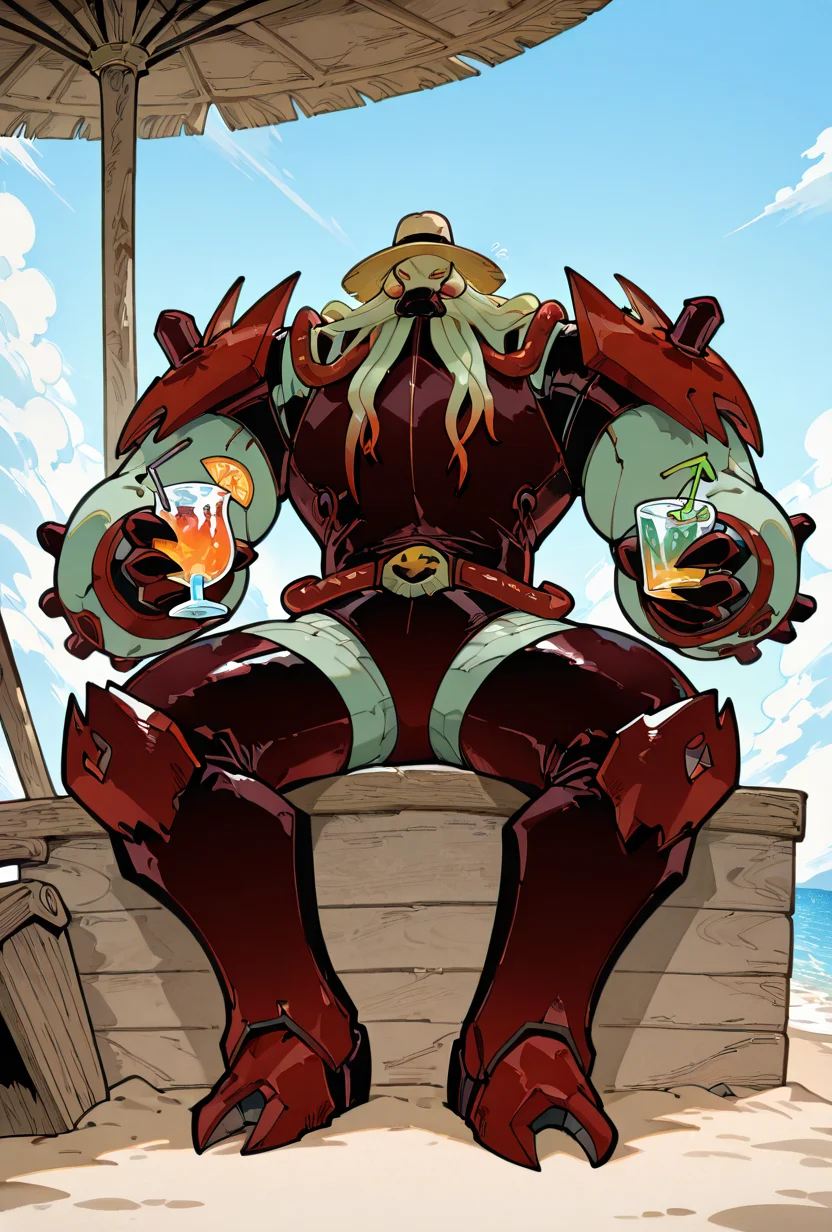 <lora:vilgax-10:1> vilgax, no humans, solo, red eyes, armor,
<lora:KafunXLP_style-12:1> KafunXLP, leaning back, sitting on beach, holding drink cocktail, beach hat,, masterpiece, best quality, amazing quality, very aesthetic, absurdres, newest,