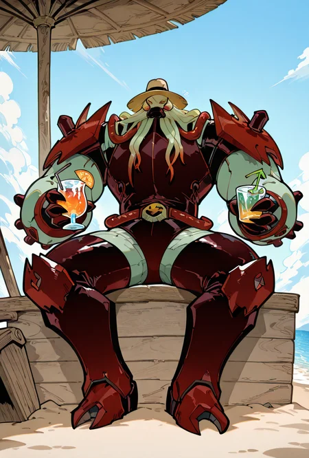 <lora:vilgax-10:1> vilgax, no humans, solo, red eyes, armor,
<lora:KafunXLP_style-12:1> KafunXLP, leaning back, sitting on beach, holding drink cocktail, beach hat,, masterpiece, best quality, amazing quality, very aesthetic, absurdres, newest,