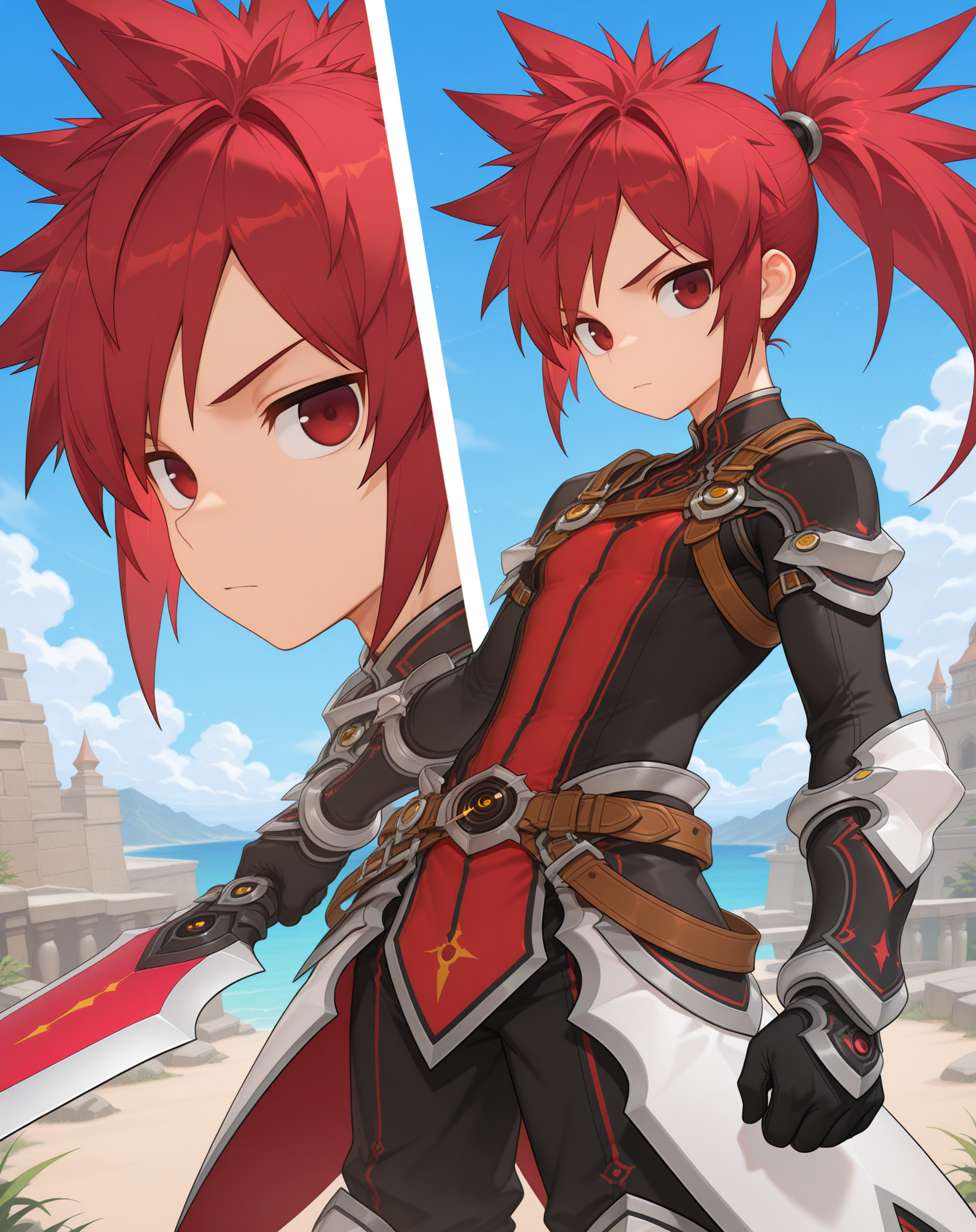 masterpiece, amazing quality, best quality, absurdres, very aesthetic,
1boy, solo, yaoi, male focus, cowboy shot, upper body, looking at viewer, face focus,
 <lora:Elsword_Sheath_Knight_ilxl:1>   elswordsk, red hair, red eyes, spiked hair, long hair, ponytail,
black pants, gloves, surcoat, armor, belt, knee boots, 
sword, dual wielding, holding weapon, reverse grip,
outdoors, day, blue sky,