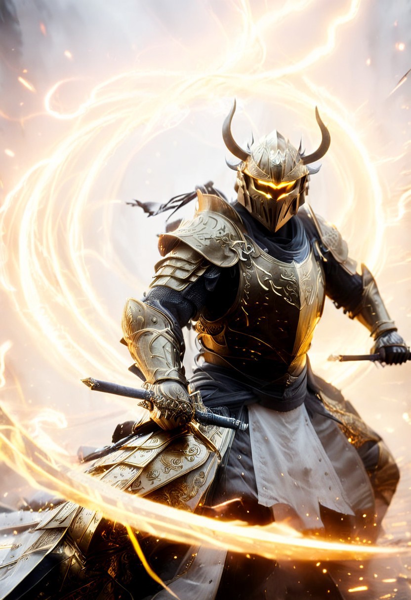1man, armored samurai in golden samurai armor, wearing samurai helmet and armor,  golden fire, wielding dual swords:1.2, brave perspective, reflection, glowing golden fire, golden lightning shatter, , glowing sword, motion blur, emphasis line, outdoor in the darkness, looking at viewer, katanas