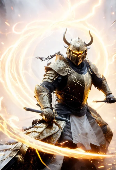 1man, armored samurai in golden samurai armor, wearing samurai helmet and armor, golden fire, wielding dual swords:1.2, brave perspective, reflection, glowing golden fire, golden lightning shatter, , glowing sword, motion blur, emphasis line, outdoor in the darkness, looking at viewer, katanas