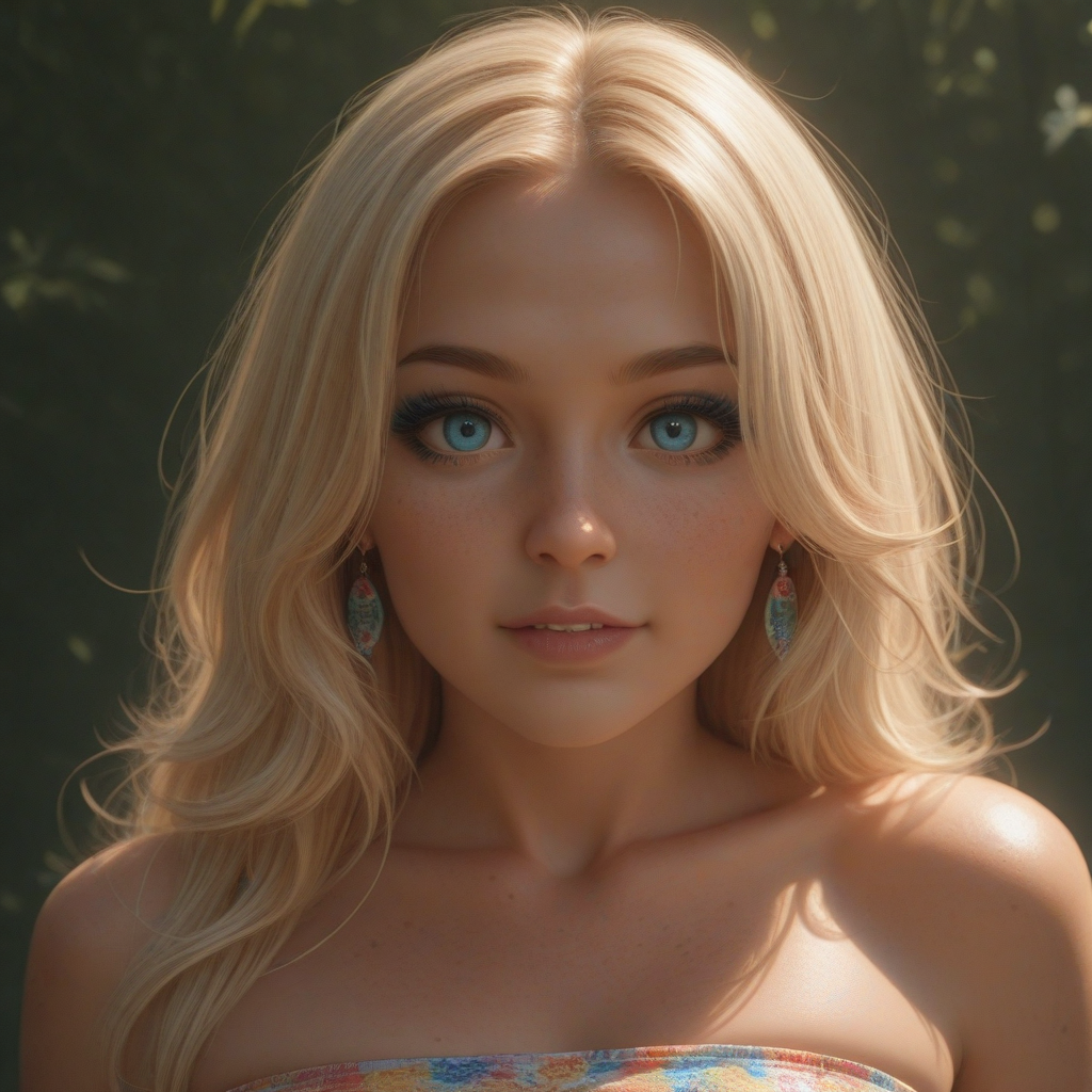 extreme closeup, professional photo, best, masterpiece, Domi, 1girl with wavy blonde hair and big blue eyes, tube top, earrings, colorful extreme makeup, freckles, model pose, model face, huge eyes, EYESHD, S1_Dram, dappled lighting, intricate detail, highly detailed skin texture, realistic