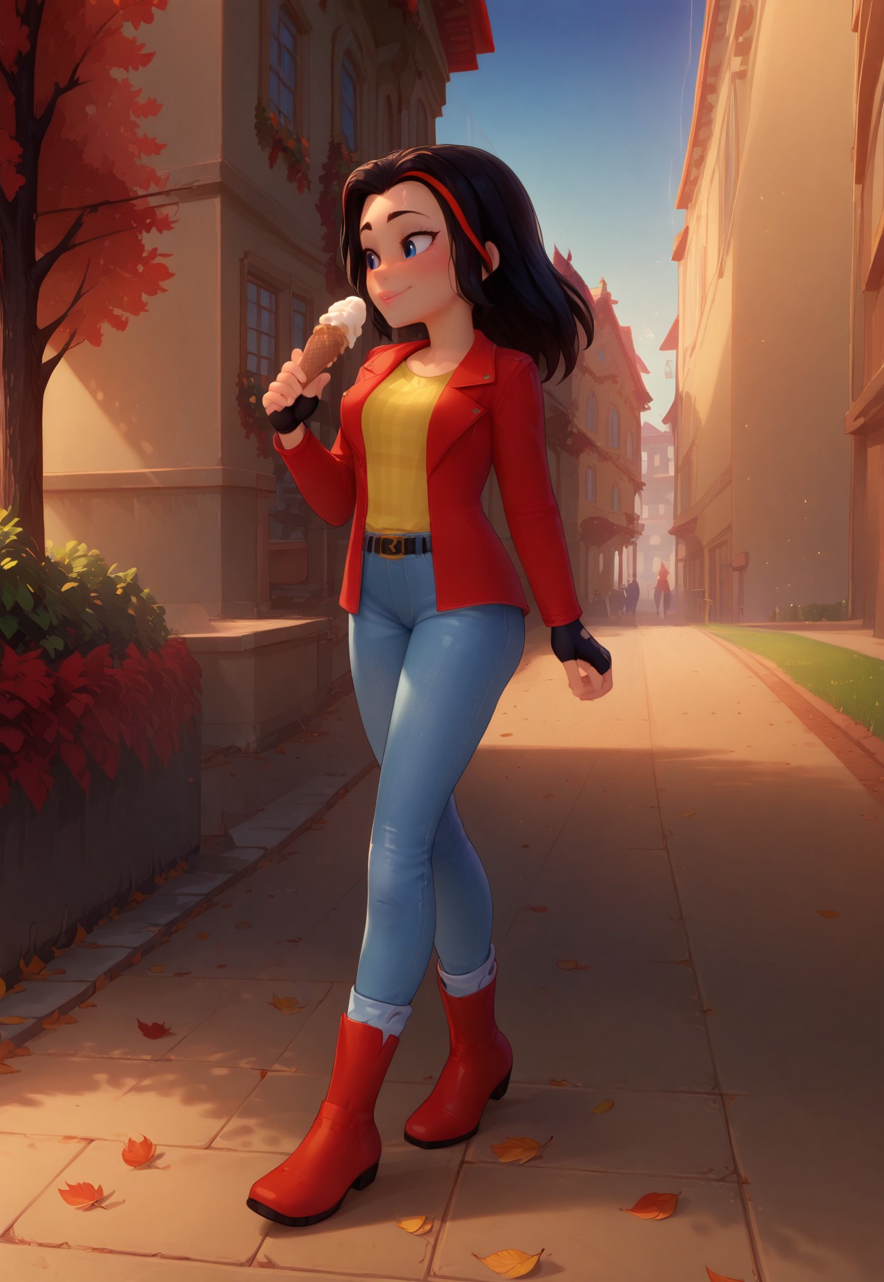 score_9, score_8_up, score_7_up, source_anime, Expressiveh, solo, looking away, blush, vicky_legofriends, black hair, streaked hair, jeans, fingerless gloves, red jacket, yellow shirt, boots, belt, smile, closeup, cinematic, falling leaves, dusk, park, holding an Ice cream, dynamic angle, walking,perfection