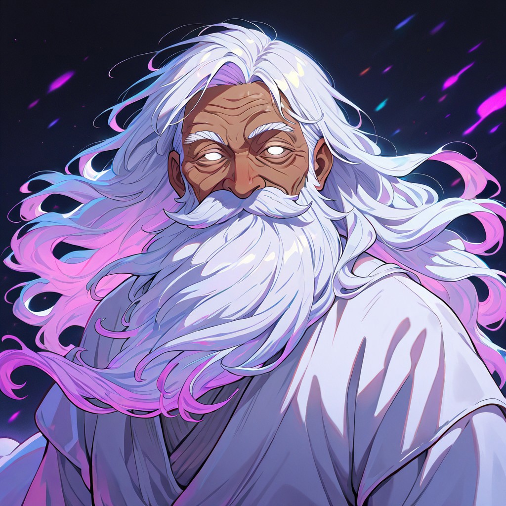 masterpiece, best quality, newest, absurdres, highres, NeoAV1.0, neon lights, ultraviolet light, 1boy, dark skin, dark skinned male, white hair, long beard, long hair, monk, white robe, white eyes, blind eyes, wrinkles, wrinkled face, wrinkled, wrikly, old, mature, old man