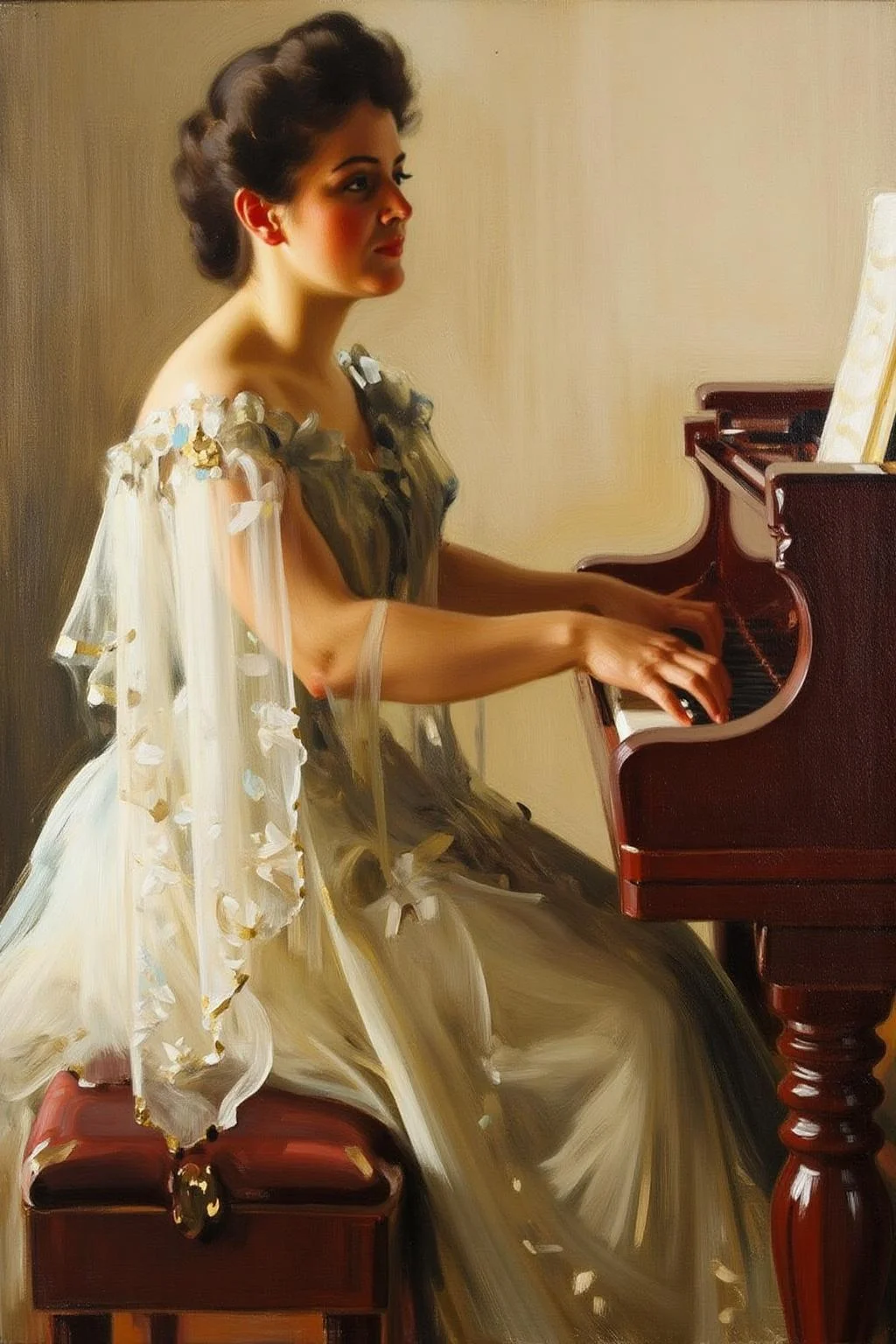 anderszorn1 painting
A seated woman plays a piano. She is shown in side profile, with her head turned slightly to the side. She has dark, curly hair styled in an elegant updo and wears an elaborate light-colored dress with intricate lace details. <lora:anderszorn2_cap_d6a3:1.0><lora:836647852743745105:0>