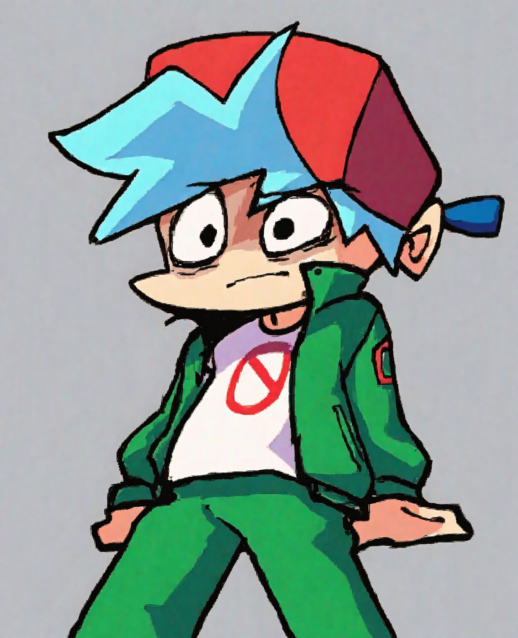 <lora:add-detail-xl:1>, <lora:squidGameOutfit-10>,  <lora:StS_PonyXL_Detail_Slider_v1.4_iteration_3:4>, score_8_up, score_7_up, score_6_up, source_anime, light grey background, simple background, digital drawing, drop shadow, <lora:Boyfriend-10>, 1boy, solo, boyfriend_fnf, blue hair, red hat, scared face, closed mouth, looking at viewer, squidgamesoutfit, jacket, green jacket, shirt, white shirt, green pants