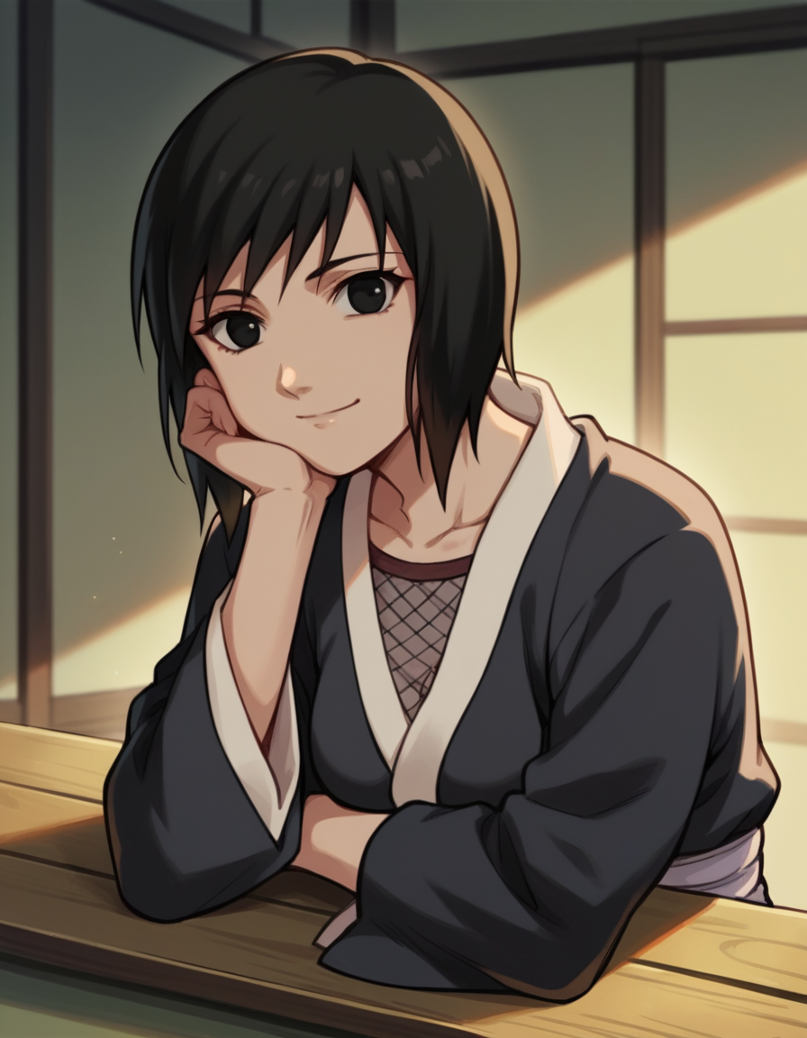 score_9, score_8_up, score_7_up, source_anime, <lora:shizune-s2-ponyxl-lora-nochekaiser:1>, shizune, short hair, black hair, black eyes, medium breasts,, long sleeves, collarbone, japanese clothes, fishnets,, indoors, smile, looking at viewer, solo, sitting, head rest,, cowboy shot, dutch angle