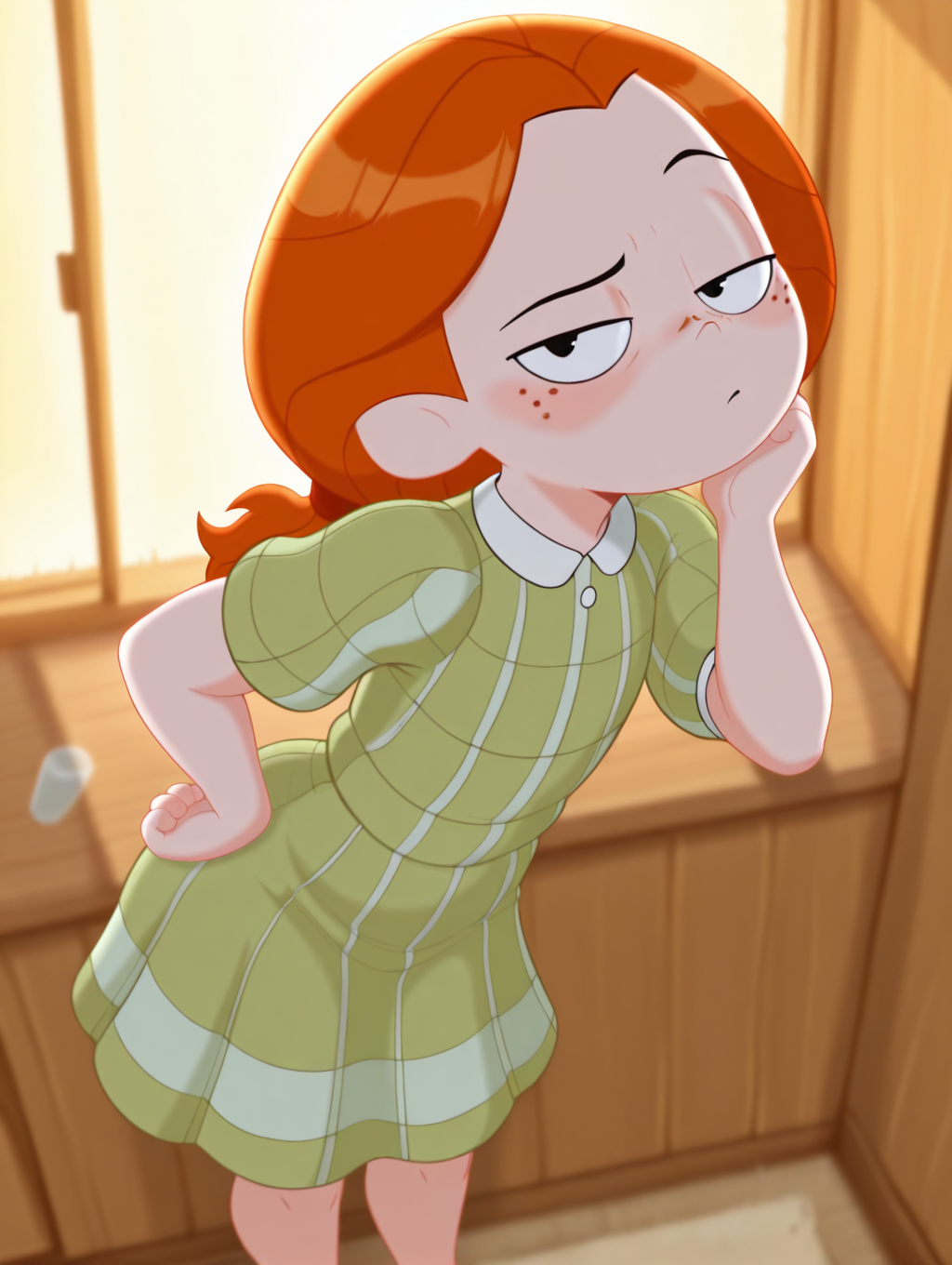 masterpiece, best quality, amazing quality, very aesthetic, absurdres, Shadman, newest, solo, DBLKatieZYN, 1girl, solo, black eyes, ponytail, orange hair, freckles, (green dress), looking_at_viewer
