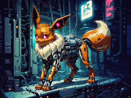 score_9, score_8_up, score_7_up, score_6_up, <lora:cyb0rgXLP:0.8> cyb0rg, solo, science fiction, cable, mechanical parts, eevee, black, feral, full body, glowing eyes, neon lights,