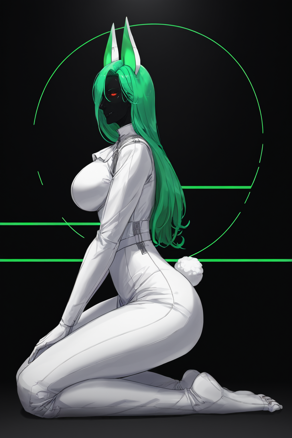 score_9, score_8_up, score_7_up, score_6_up, score_5_up, score_4_up, BREAK, source_anime, solo, 1girl, rating_safe, ((mature female)), ((long green flowing hair)), mechanical parts, ((plastic, polymer, metal body)), (big mechanical rabbit ears), mature female, (bunny ears), (animal ears), subdermal port, ((milf, mature female, big breasts)), hexagon lines in skin, naval uniform overcoat, naval uniform, white military uniform, dress_uniform, ribbons, ((red eyes)), bunny tail, rabbit tail, aiguillette, ((green hair)), ascot, ((Low angle (from the side) view Close shot (focus on knees), Kneeling and mimicking feeding a little bird )), pilot suit, shoulder cutout, bunny rabbit Tail, ((hair over one eye, )), digitigrade, clawed feet, minimal clothes, ((metal skin, shiny skin, vampire aesthetic, digital eyes, filled eyes, monochromatic eyes, glowing eyes, colored sclera, red sclera, mechanical eyes, partially shaded face, slit pupils, angular, minimal face, minimalism, narrow eyes, large eyes)), (anubis \(mythology\), anubis \(mythology\), ), <lora:Pony_DetailV2.0:1.5>, <lora:age_slider_v4:4>, ((dark, shaded, black background, horror, GREEN HAIR,)) <lora:ECHANIS:0.7>,    <lora:SqueakyRem_Style:1>