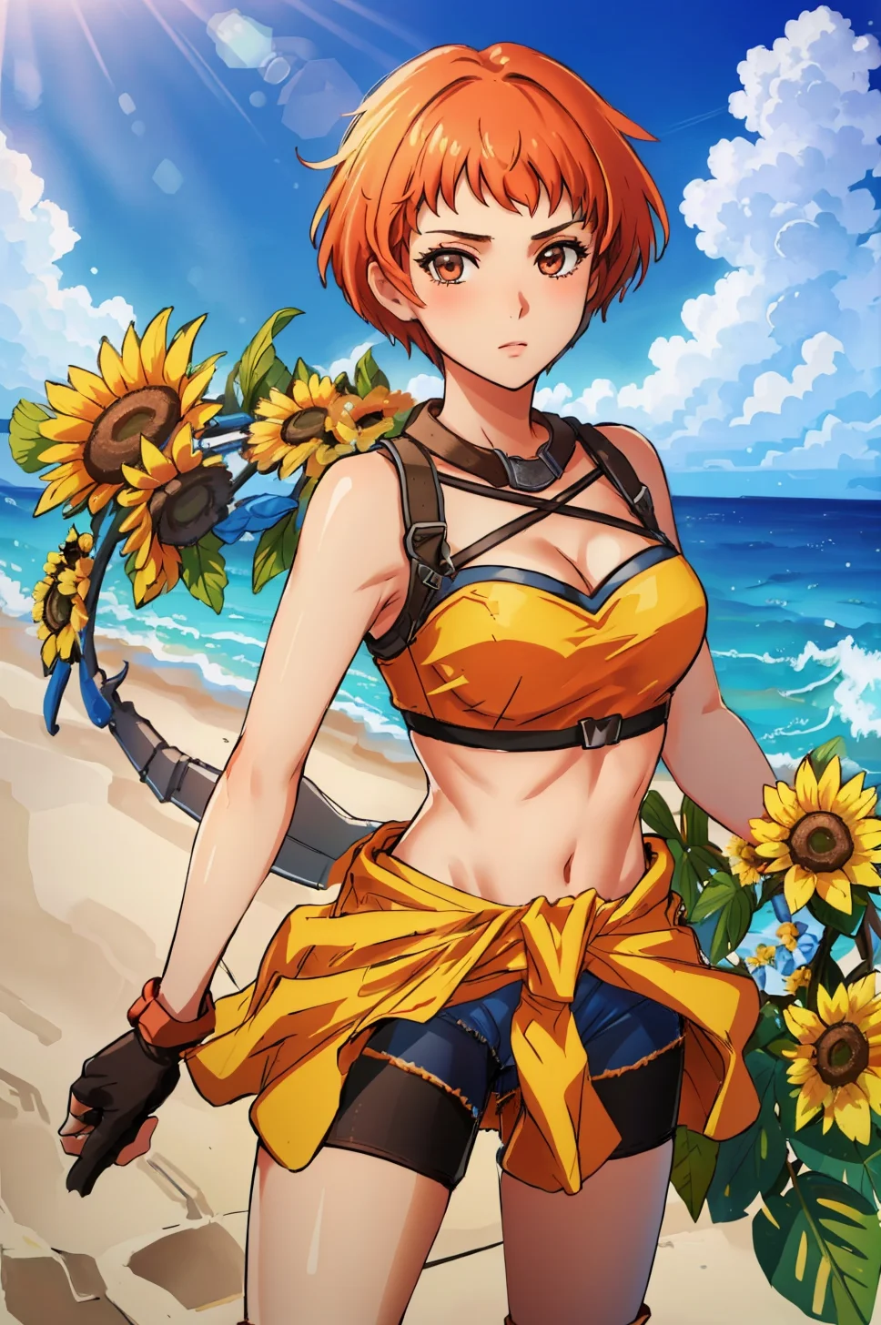 masterpiece, beach, sky, ocean, 1girl, looking at viewer, holding, bow \(weapon\), sunflower, <lora:LeonieFE3H-FEH:0.8> sumLeonie, short hair, cleavage, bikini, fingerless gloves, shorts, short shorts, bike shorts, clothes around waist