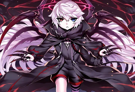 Score_9, Score_8_up, Score_7_up, Score_6_up, Score_5_up, Source_anime, rating_safe, 1boy, Vandelieu, emotionless face, white hair, heterochromia, red and blue eyes, black shirt, black shorts, black trenchcoat, walking, looking at viewer, {{{claw, sharp nails, very long fingernails:2}}}, seraph wings, red crown halo, demon horns, ram horns, dark kingdom, dutch angle