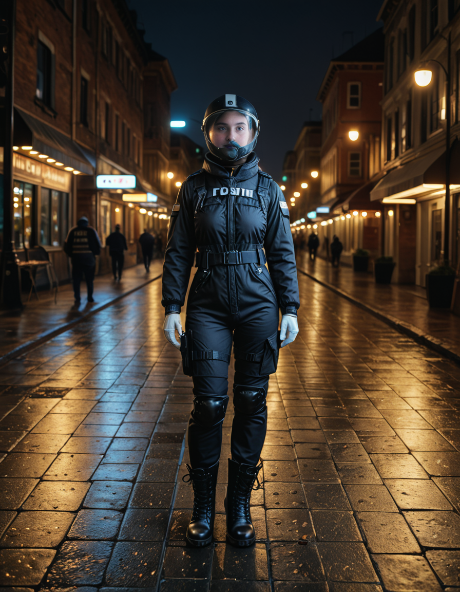 cowboy shot, looking at viewer,female_focus, medium close-up,,A woman wearing a Fire-resistant suit, helmet, gloves, boots, belt, flashlight, mask, radio ,stands confidently in a bustling city street at dusk. The streetlights cast a warm glow on the pavement, and neon signs flicker in the background. The personâs white gloves contrast sharply against the dark outfit, adding a touch of elegance. A light evening mist rises from the ground, creating a cinematic atmosphere. Pedestrians pass by, some glancing curiously at the well-dressed figure. The cityscape features modern and old architecture, blending tradition with contemporary urban life.
<lora:SDXLFaeTastic2400:0.4> <lora:extremely_detailed:0.4> extremely detailed, Masterpiece,best quality,hi res,8k,hi res,8k,award winning,(sharp focus, intricate, highly detailed),