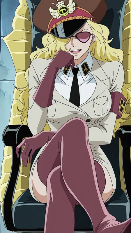 source_anime, masterpiece, best quality, amazing quality, anime screencap, high quality, 8k, absurdres, official style, <lora:Domino_OP_iL:1>, d0m1n0, blonde hair, long hair, hair over one eye, sunglasses, breasts, large breasts, shirt, thighhighs, red thighhighs, high heels, long sleeves, gloves, red gloves, hat, jacket, white shirt, collared shirt, necktie, uniform, military, armband, peaked cap, black necktie, pocket, sitting in chair, head leaning on hand, legs crossed, open mouth, smile