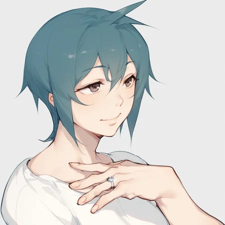 score_9, score_8_up, score_7_up, 1girl, natsumi, vers_3, short hair, blue haired female, full body, wedding ring