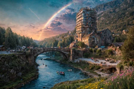 (RAW photo, 8k uhd, Analog style, Masterpiece, Best Quality, Highres:1.4), (dramatic, cinematic:1.2), BREAK,
movie shot of colorful hyperdetailed fantastic fantasy mysterious magic landscape, above clouds, (medieval elven fantasy (village:1.35), (steampunk:1.05) (peasant:1.15) (robots:1.1) (crowd:1.35), playing (little steampunk (girl:1.25):1.1), (farm:1.31), (lake, (river:1.14):1.15), (bridges:1.4), (waterfalls:1.35), (boat:1.4), (dock:1.1), (cliff:1.35), road, (green:1.05) valley, (flowers:1.2), (maple trees:0.65), (green:1.05) (fields:1.3), (fences:1.3), (snowy:1.17) (pines:1.1), (pink:1.0) (flowering tree:1.12):1.22), BREAK,
((mountains:1.22), (futuristic:1.15) (overgrown:1.27) (skyscrapers:1.53) (ruins:1.35), (market, water wheel, castle:1.14), (colorful houses:1.2), birds, stairs, spaceport, ((bright morning sun daylight:1.05) rainbow pure (blue:1.05) sky, glowing:1.05), starry, crescent, meteor, ((fluffy cloud:1.2), godrays, light particles:1.05), various seasons, steam, smokes:1.2), BREAK,
(photorealistic:1.2), (intricate:1.3), (light theme:1.3), (inspiring joyful atmosphere:1.2), (fabulous, fantasy, mysterious, science fiction, post-apocalypse, incredible, amazing, happy, sunny, pastoral, esoteric, antique:1.2), (hyperdetailed, absurdres:1.2), (colorful, saturated:1.4), colorful lighting, BREAK,
<lora:more_details:1>,