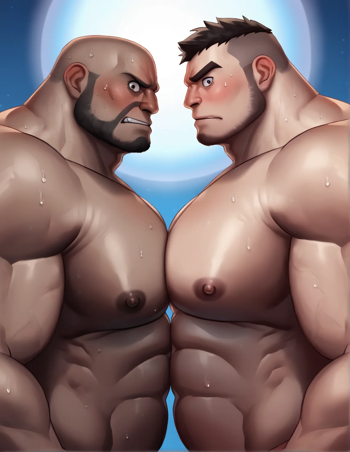 <lora:dsharp001r:1> bara, 2boys, side view, male focus, pectoral docking, touching pectorals, topless male, embarrassed, large pectorals, looking at you, sweat, big pecs