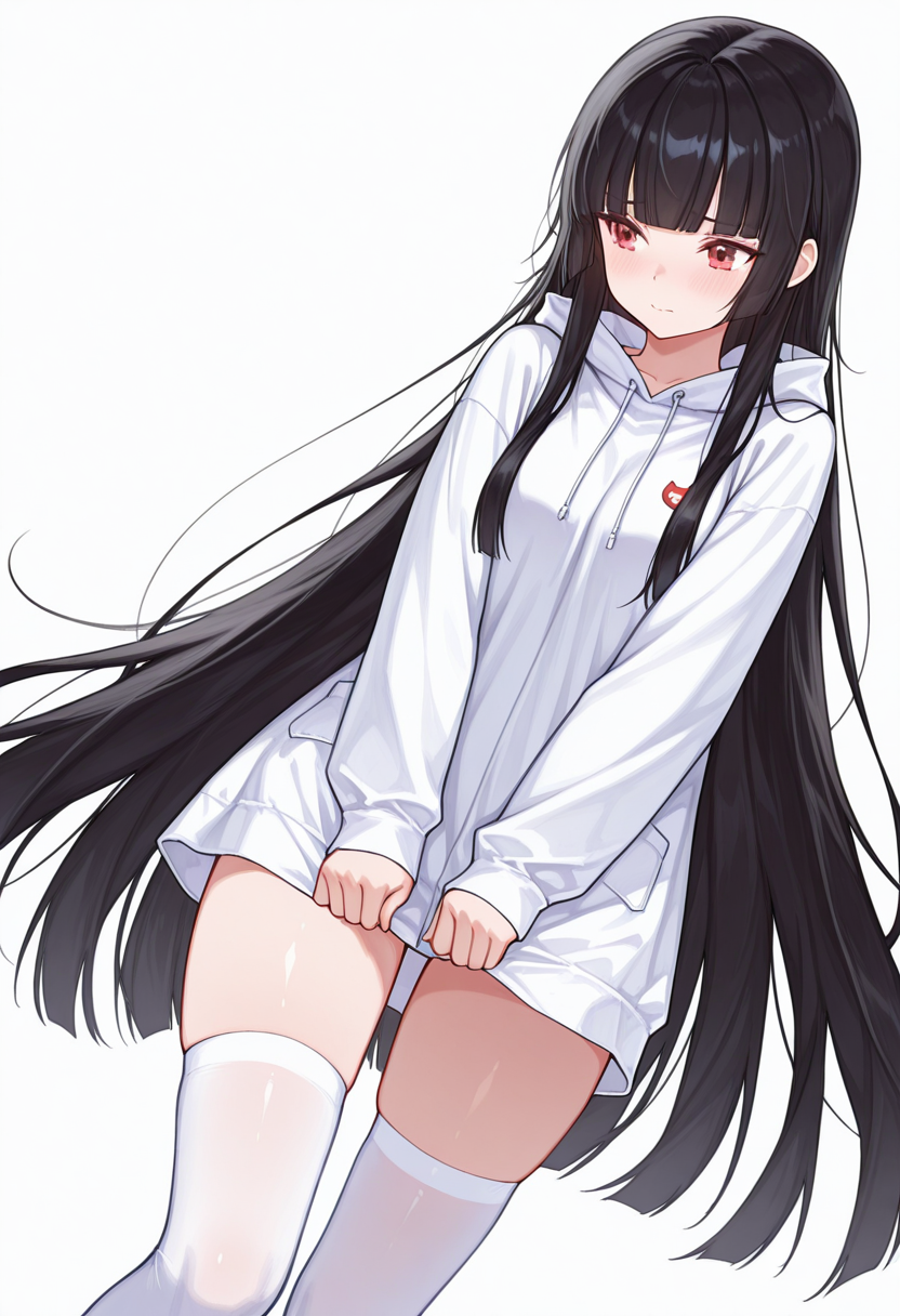 Smooth Quality,masterpiece,very intricate, high quality details, ultra realistic, high detailed skin,detailed enviorement,absurdres,
curled fingers,
 <lora:Atre_CNR:0.8> atre_cnr, 1girl, black hair, very long hair,blunt bangs, red eyes,, simple background, white background, dutch angle,solo,, embarrassed,, pullover,,raincoat,  ,socks over thighhighs,  ,