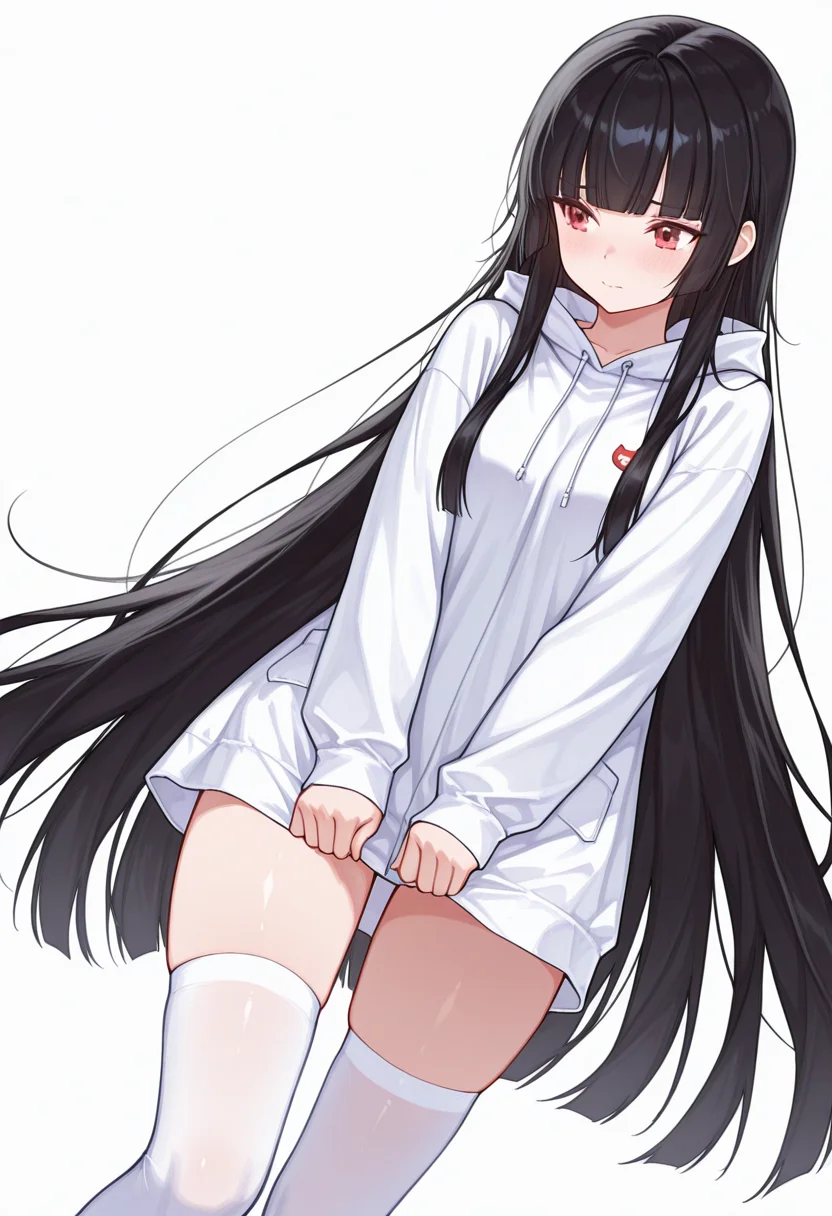 Smooth Quality,masterpiece,very intricate, high quality details, ultra realistic, high detailed skin,detailed enviorement,absurdres,
curled fingers,
<lora:Atre_CNR:0.8> atre_cnr, 1girl, black hair, very long hair,blunt bangs, red eyes,, simple background, white background, dutch angle,solo,, embarrassed,, pullover,,raincoat, ,socks over thighhighs, ,