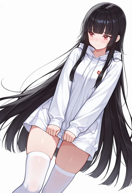 Smooth Quality,masterpiece,very intricate, high quality details, ultra realistic, high detailed skin,detailed enviorement,absurdres,
curled fingers,
<lora:Atre_CNR:0.8> atre_cnr, 1girl, black hair, very long hair,blunt bangs, red eyes,, simple background, white background, dutch angle,solo,, embarrassed,, pullover,,raincoat, ,socks over thighhighs, ,