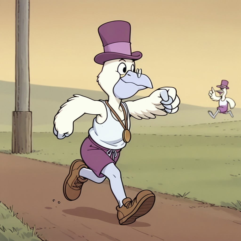 masterpiece, best quality, amazing quality, MayorPelicanbbil, semi-anthro, male, Pelican, bird, white feathers, black eyes, winged arms, white tank top, purple shorts, brown shoes, purple top hat, gold medal, round glasses, running, in woods