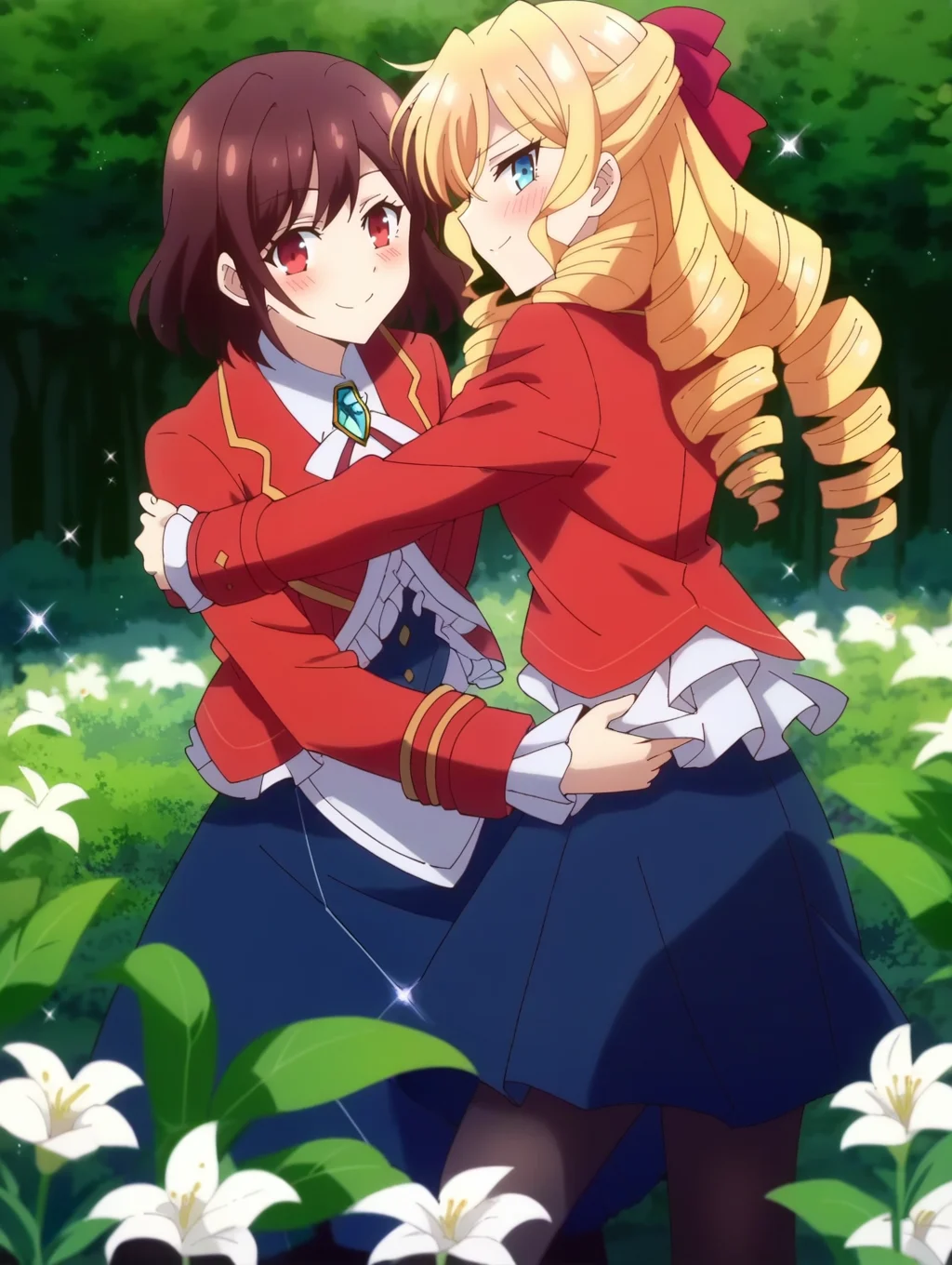 score_9, score_8_up, score_7_up, score_6_up, score_5_up, score_4_up,
uncensored, source_anime, BREAK,
2girls, yuri, ,white lily, sparkle, flowers, smile, ,blush, ,hug, cinematic lighting , <lora:wataoshi_reiclaire:1>,
looking at viewer,
wataoshi_claire, blonde hair, blue eyes, drill hair, long hair, (red hair ribbon), red jacket, long sleeves, blue skirt, white shirt, frills, white pantyhose, brooch, ,
wataoshi_rei, short hair, red eyes, brown hair,red jacket, long sleeves, blue skirt, white shirt, frills, black pantyhose, brooch,