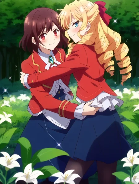 score_9, score_8_up, score_7_up, score_6_up, score_5_up, score_4_up,
uncensored, source_anime, BREAK,
2girls, yuri, ,white lily, sparkle, flowers, smile, ,blush, ,hug, cinematic lighting , <lora:wataoshi_reiclaire:1>,
looking at viewer,
wataoshi_claire, blonde hair, blue eyes, drill hair, long hair, (red hair ribbon), red jacket, long sleeves, blue skirt, white shirt, frills, white pantyhose, brooch, ,
wataoshi_rei, short hair, red eyes, brown hair,red jacket, long sleeves, blue skirt, white shirt, frills, black pantyhose, brooch,