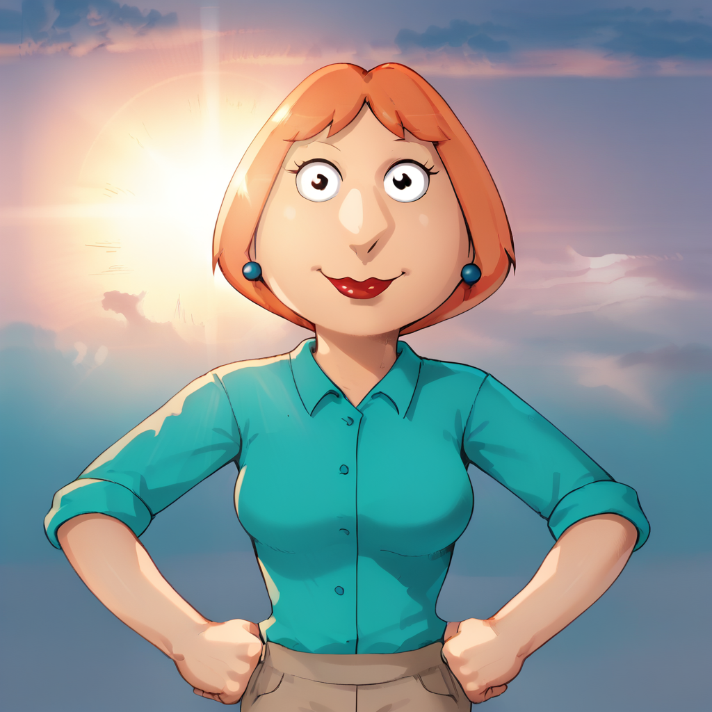 score_9_up, score_8_up, BREAK, lois, dot pupils, 1girl, blue earrings, jewelry, short hair, solo, lipstick, orange hair, aqua shirt, beige pants, breasts, sleeves rolled up, collared shirt,<lora:LoisGriffinPon2.0:0.8>,  BREAK, smile, closed mouth,  sunrise,  sky,  cloud,  sunset, sunlight,  light rays, outdoors, hands on own hips, clenched hands,  <lora:SupermanSmile_PXL_Leaf3_r2:0.8>, looking at viewer,