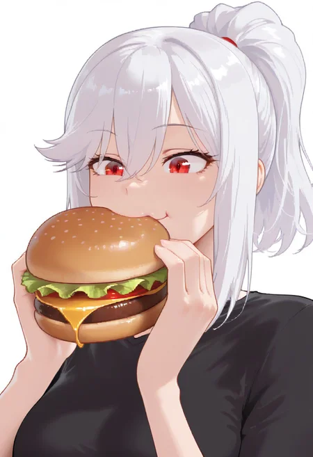 1girl, solo, medium breasts, bangs, ponytail, white hair, red eyes, sidelocks, hair between eyes,
white background, blur,
eating burger, joyful, delicious, yummy expression, pleased, black shirt,
very detailed, masterpiece, 8k, detailed hair, best quality, amazing quality, very awa, absurdres, detailed clothes,
bad_prompt_version2, negativeXL_D