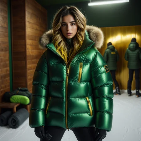 dark cinematic still with dark vibes, full body shot of snowboarding  spanish women  wearing an green and gold  extra_puffy_jacket,  unique hair styles,   looking at the camera, shallow depth of field, 8k uhd, dslr, soft lighting, high quality, photorealistic, realism, hyperrealism,
, indoors scene 
 <lora:Puffer_Jacket_and_Down_Jacket_-_Extra_Puffy_Jackets:0.5>