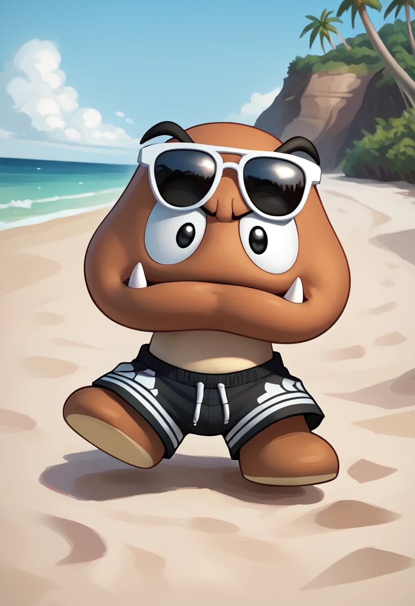 score_9, score_8_up, score_8, <lora:Request_Goomba_Super_Mario_Brothers_for_PonyXL:0.8> g00mb4, solo, black eyes, fangs, 
beach, swim trunks, sunglasses,
