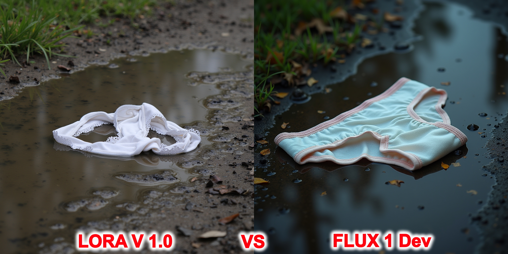 forgotten underwear lying wet in the puddle under the rain, 4K, HDR, HD, high detailed, high resolution, sharp focus, masterpiece,