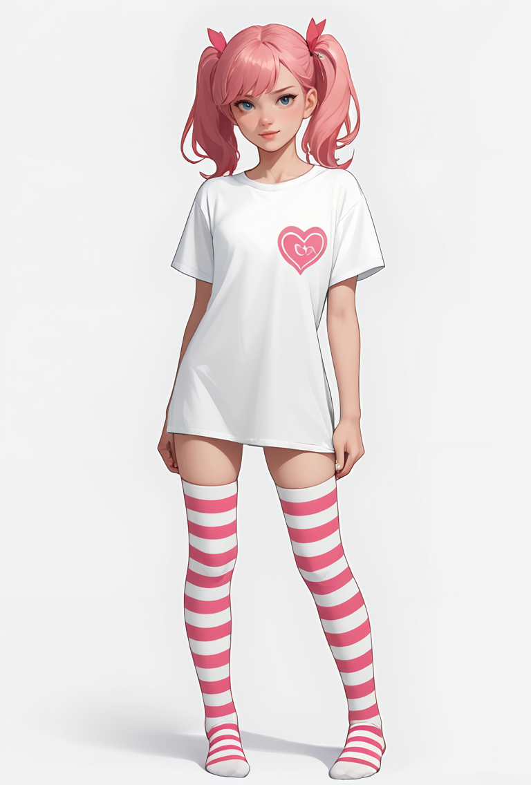 core_9, score_8_up, score_7_up,  1girl, pink hair, twintails, striped thighhighs, skindentation,, detailed skin texture, (blush:0.2), (goosebumps:0.3), subsurface scattering