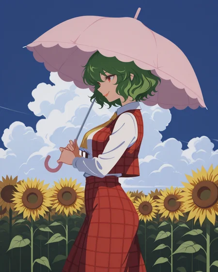 masterpiece,best quality,higres illustration,detailed face,1girl,<lora:minimaltoon_IL:1>,minimalism,smile,from side,cowboy shot,kazami yuuka,umbrella,sunflower,sky,cloud,
