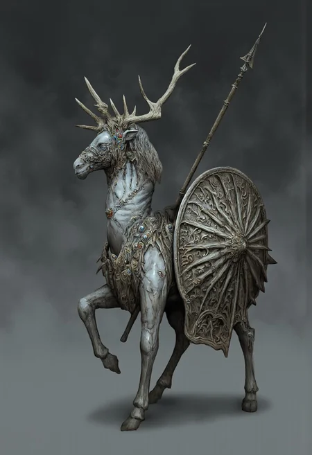 MikeFranchinastyle, berserk style, Surreal art, d4artstyle, d4concept, , made of clay, Kentaro Miura, ZBClay model of a gray sculpture
A majestic yet fierce centaur warrior with a blend of humanoid and deer-like features. The creature's upper body is humanoid, with strong arms and a slender, athletic torso, adorned with intricate tribal armor made from dark metals, leather, and adornments of chains, charms, and symbolic ornaments. Its face is framed by long, sharp horns extending upwards, and pointed ears, giving an ethereal, forest-guardian appearance. The humanoid face is stern, with markings or tattoos highlighting its warrior status. The lower half is a graceful yet powerful deer body with lean, muscular legs, textured fur, and natural grace. The centaur holds a long spear in one hand, adorned with runic symbols, and in the other, a large, round shield with a spiked, thorn-like edge, suggesting a defensive yet aggressive nature. Details emphasize weathered armor, the creature’s toned physique, and the elaborate decorations across its form. The style is hyper-detailed, focusing on each texture and element, with no background.
Set against a solid color background to emphasize its unnatural form and grotesque anatomy. Background is fog-covered darkness tone that emphasizes its silhouette.
The medium is not a traditional painting or illustrative medium like watercolor or ink but rather a digital rendering, eerie and unsettling.