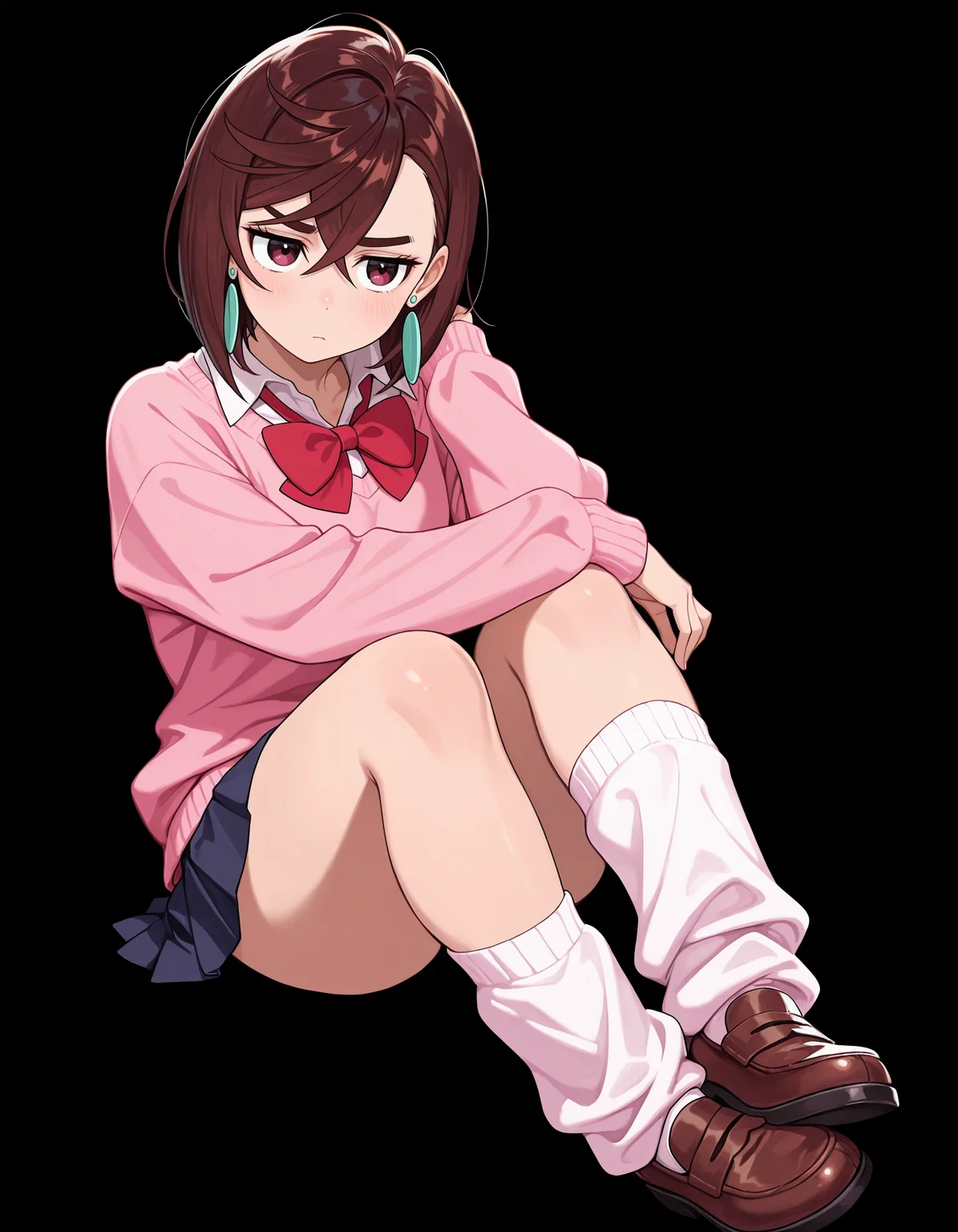 <lora:Ayase Momo Illu v3:1>
1girl, solo,
ayasemomo, brown hair, short hair, hair between eyes, crossed bangs, earrings,
un1form, red bowtie, pink sweater, long sleeves, pleated skirt, miniskirt, white socks, loose socks, brown footwear,, masterpiece, best quality, amazing quality,, (simple background, black background:1.5),